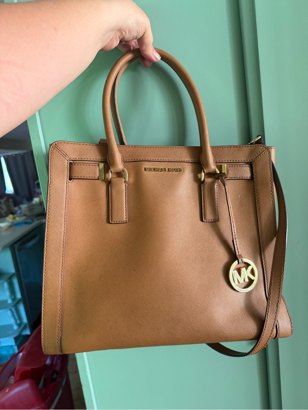 Michael Kors Caramel Saffiano Leather Satchel with MK Charm